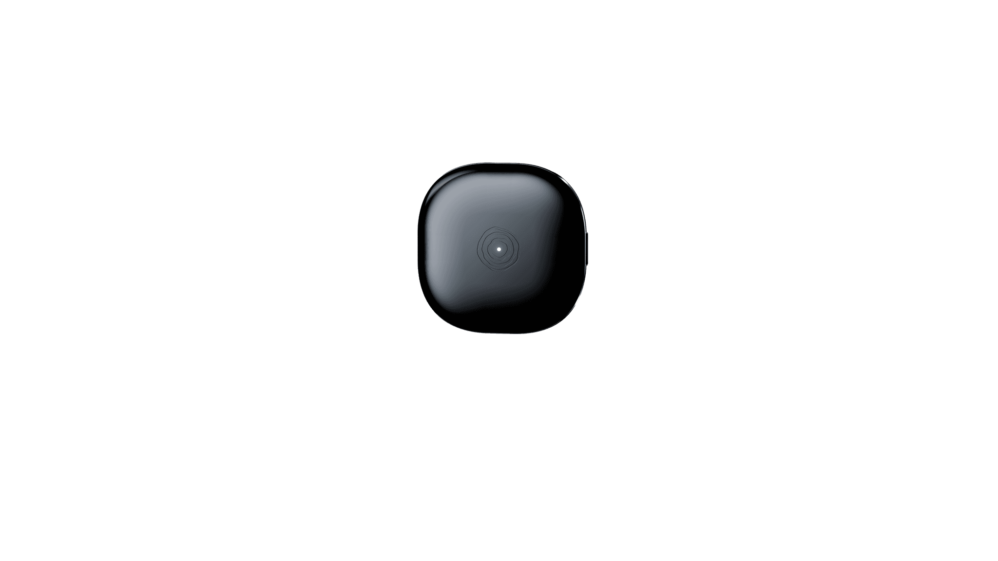 Front render of the black Buddi wearable, with its concentric logomark and green status light