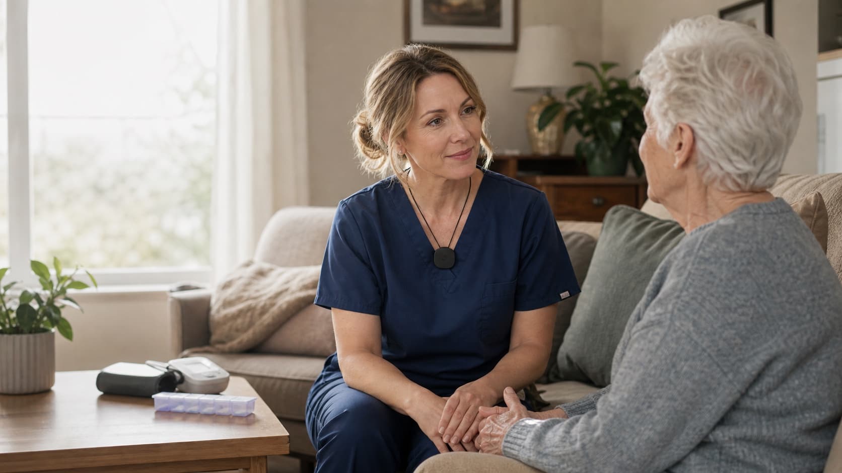 A nurse speaks with an older adult at home, with a pill organizer and blood-pressure cuff nearby