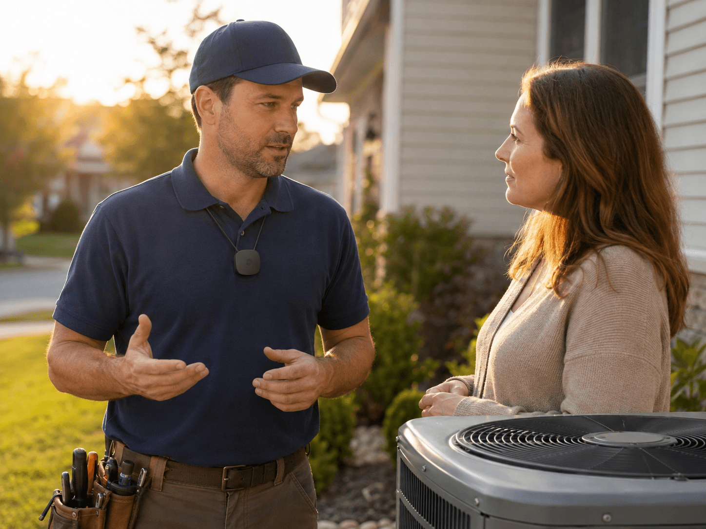 HVAC representative wearing a chest-mounted Buddi pin speaking with a homeowner beside an outdoor AC unit