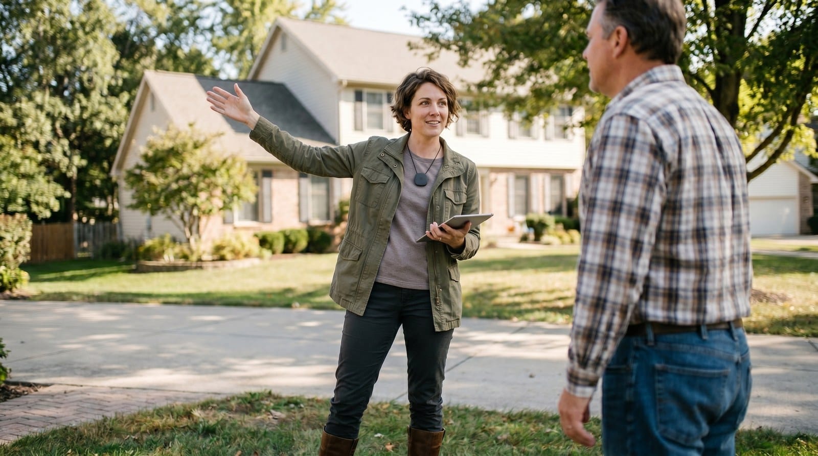A field sales representative gesturing toward a home while speaking with a homeowner in a suburban driveway.