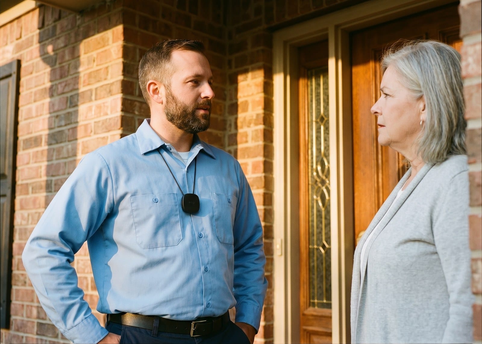 A pest control technician speaking with a homeowner on a front porch.