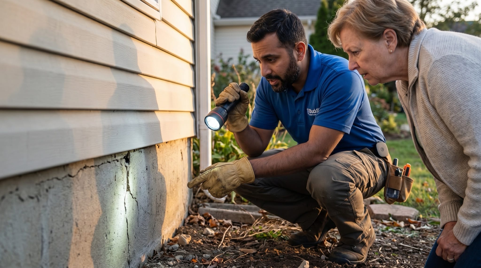 A pest control technician using a flashlight to inspect a home's foundation while the homeowner looks on.