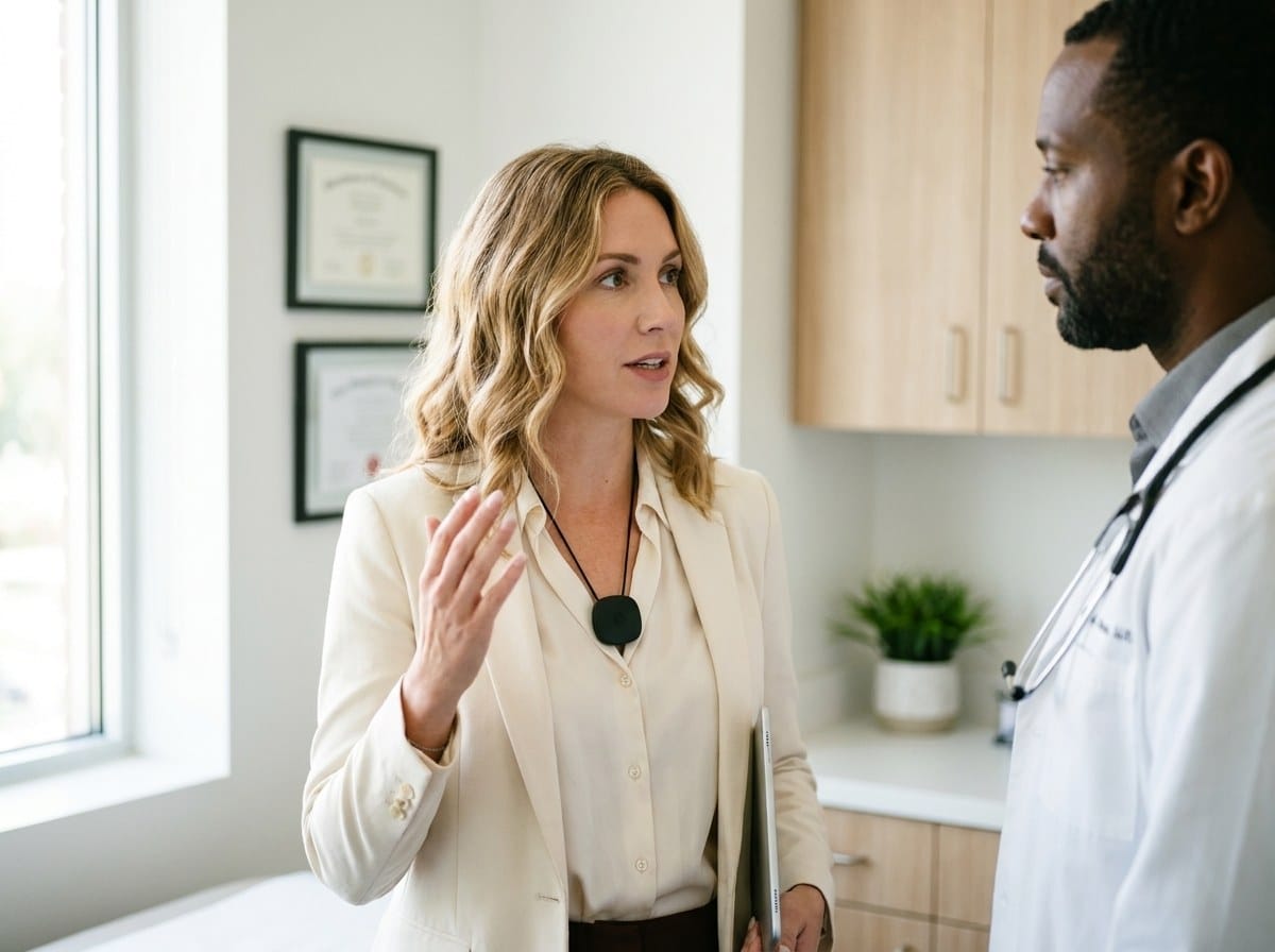 A pharmaceutical sales representative speaking with a physician in a clinical office.