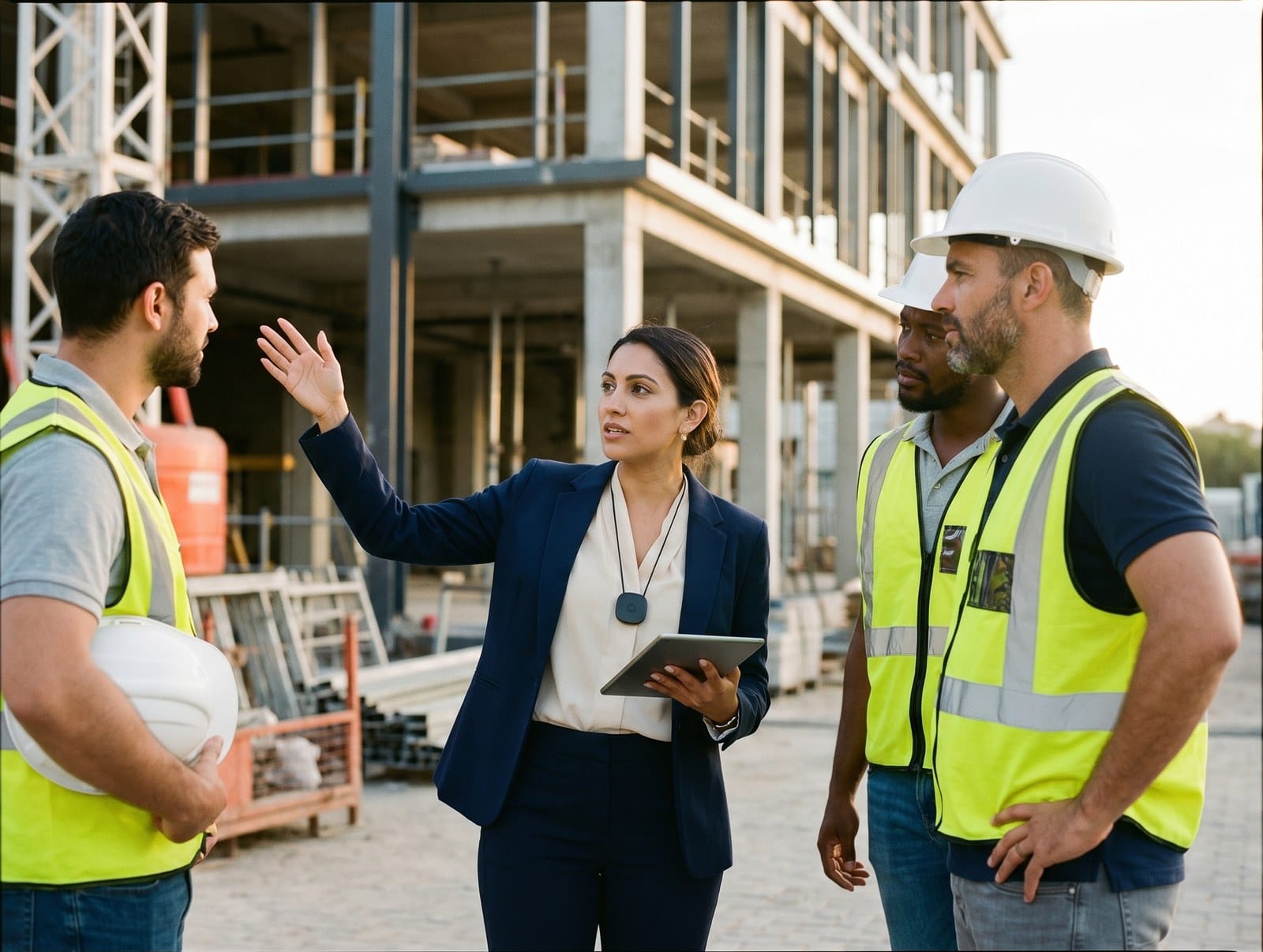 A B2B sales representative talking with two construction contractors at a commercial job site.