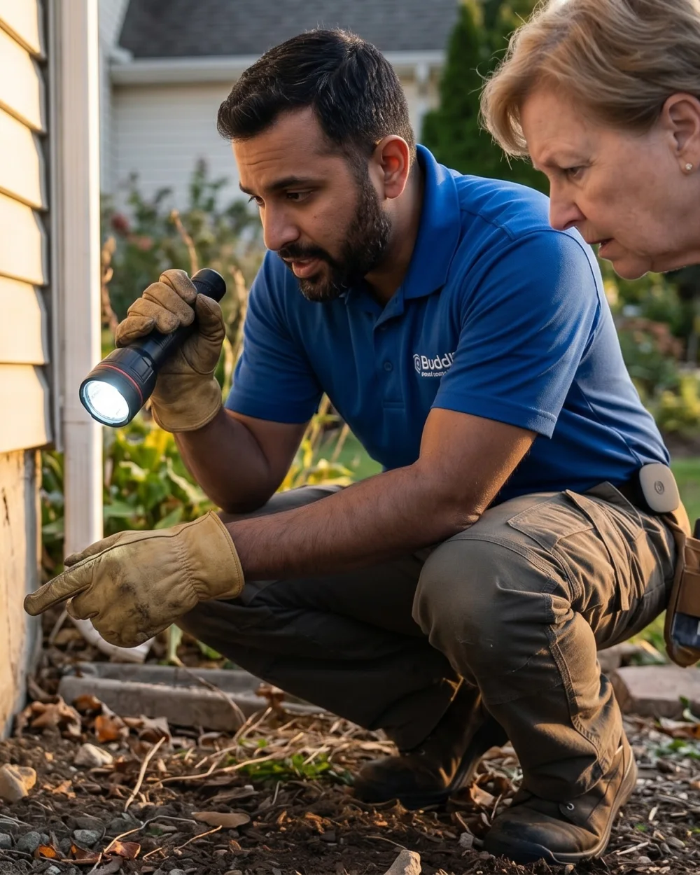 Pest-control technician inspecting a home exterior while wearing a Buddi device